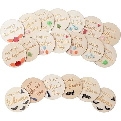 20 Pcs Wooden Baby Holiday Milestone Set, Happy Holiday Round Discs Baby Birth Announcement Sign First Holiday Growth Cards Photo Card Props Baby Shower