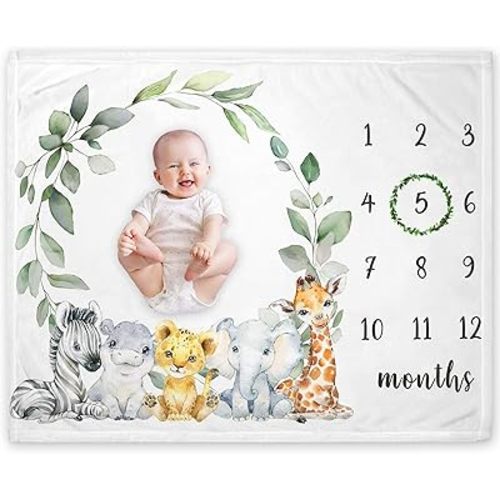 Yuzioey Safari Milestone Blanket, Jungle Wild Animals Baby Growth Chart Monthly Blanket, Watch Me Grow Jungle Safari Baby Nursery for New Moms Baby Shower(50"x40")