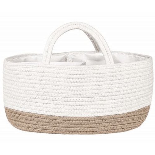 Mila Millie Baby Large Cotton Rope Diaper Caddy | Organizer Storage Bin for Nursery Essentials | Portable Bag for Changing Table and Car | 100% Natural Cotton | Eco friendly (White & Beige)