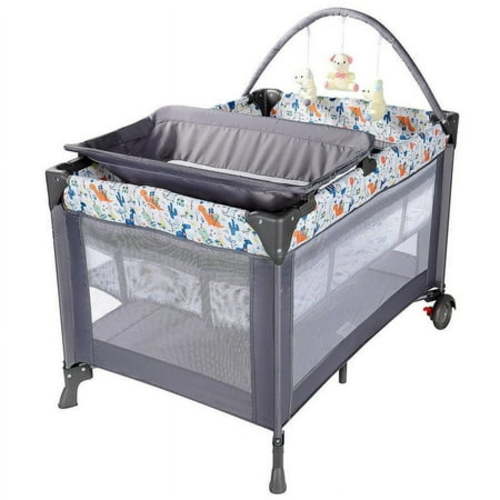 Portable Baby Playard with Changing Table and Bassinet, Foldable Nursery Center Travel Playard Baby Playpen Crib Bed, Grey