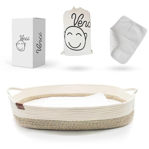 Organic Cotton Rope Changing Basket for Dresser Top - 29.5 x 17 x 6 in, Thick Removable Foam Pad, Portable Moses Basket for Babies, Waterproof Changing Pad