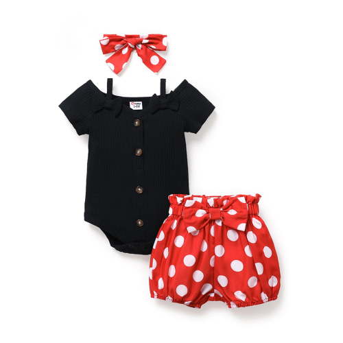 PatPat 3pcs Newborn Baby Girl Clothes Black Short-sleeve Romper and Headband Set, 3-6 Months