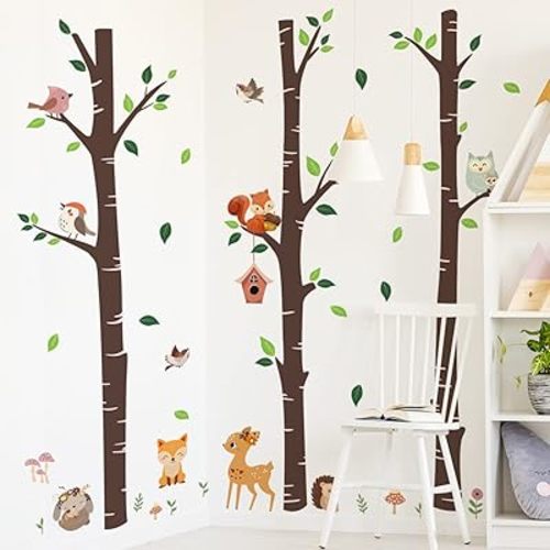 Large Birch Tree Forest Animal Wall Decals Fox Owl Deer Forest Wall Stickers Peel and Stick Wall Decor for Baby Nursery Kids Bedroom Playroom Classroom(H: 67.9 Inch)