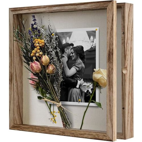 Shadow Box Frame 12 x 12 Shadow Box Display Case with Solid Wood Frame for Pictures, Flowers, Memorial, Medals, Wedding Bouquet for Wall or Tabletop 12 Pins