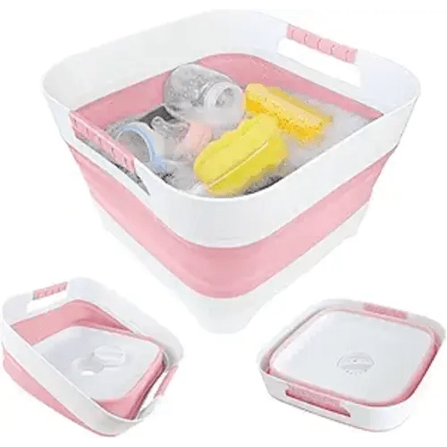 2.6 Gal(10L) Collapsible Wash Basin for Baby Bottles,Pink Space-Saving Collapsible Dish Basin with Drain Plug for bottle washing, Collapsible Bucket for RV Kitchen Essentials