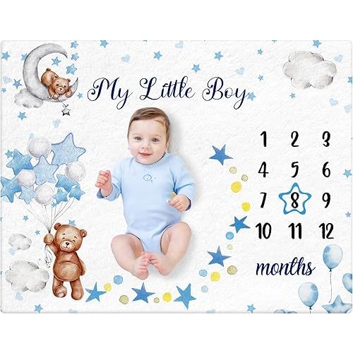 Sleeping Bear Monthly Baby Milestone Blanket Bear Star Balloon Flannel Blanket Boy Newborn Infant Swaddle Blanket Growth Chart Baby Blanket with Frame for Boys Girls Nursery (Blue)
