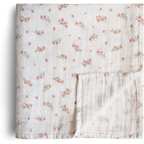 mushie Muslin Baby Swaddle Blanket | 100% Organic Cotton (Pink Flowers)