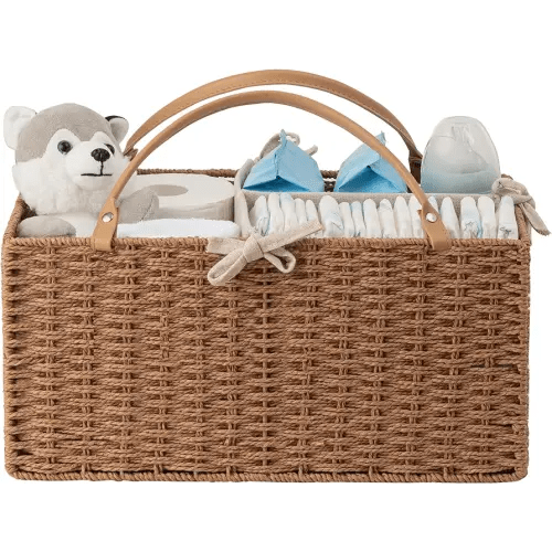 HBlife Baby Diaper Caddy Organizer, Paper Rope Storage Baskets Nursery Bin with Removable Divider, Portable Car Organizer for Diapers, Baby Shower Gifts, Newborn Essentials Must Haves