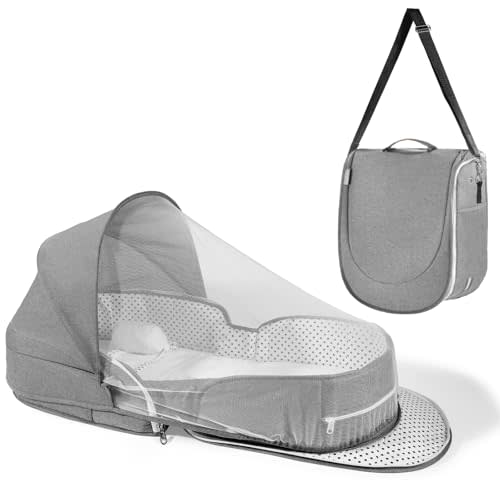 Dr. Pure Portable Baby Bassinet for Travel: Lightweight Foldable Infants Bed Crib for 0-12 Months Newborn with 2-1 Mosquito Netting and Blackout Curtain - Baby Essentials Gift