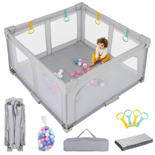 OLAKIDS Foldable Baby Playpen with Mat, 50 x 50 Large Baby Play Yard for Infant with 50 Ocean Balls, 4 Handlers, Carry Bag, Indoor Outdoor Fence Toddler Activity Center