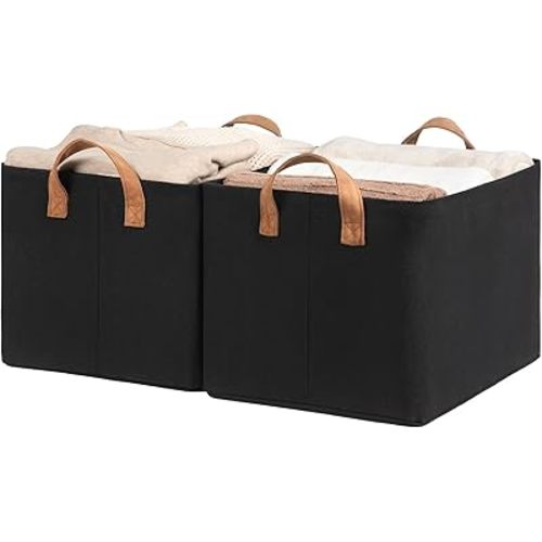 StorageWorks Storage Bins, Fabric Storage Bins for Shelves, Large Storage Baskets with Metal Frame, Closet Baskets and Bins with Handles, Black, 2-Pack