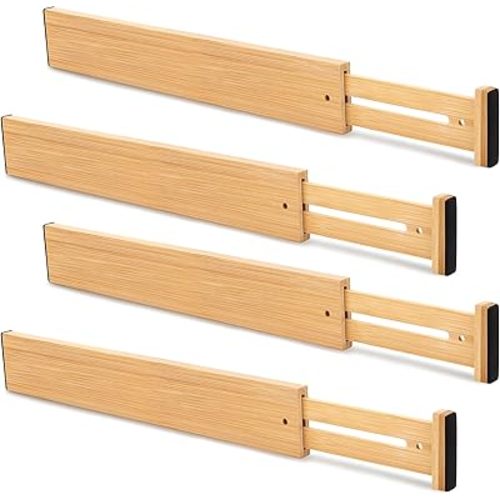 Bamboo Drawer Divider Set of 4, Adjustable Spring-Loaded Drawer Organizer (16.9"-22.2"), 2.3" Height, Suitable for Kitchen, Desk, Bathroom, Clothing, and Miscellaneous Drawer Organization, Natural