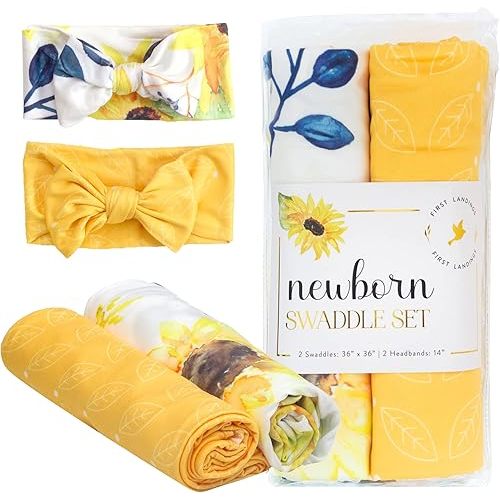 First Landings Newborn Swaddle Set - Baby Swaddles and Matching Headbands for Boys and Girls - Baby Blanket for Newborn Photography, Nursing Covers, Burp Cloths - Sunflower, 36" x 36" (Set of 2 Each)