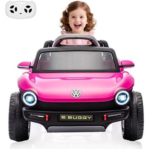 GarveeLife 12V Kids Ride On Car Licensed Volkswagen Beetle Electric Ride On Toy for Toddlers 4 Wheeler Vehicle with Parental Remote, Battery Level Display, LED Lights, USB, Horn, Music, Pink