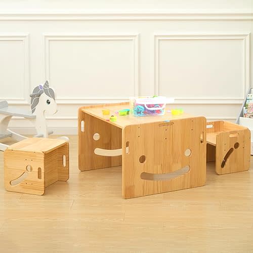 FUNLIO Height Adjustable Montessori Weaning Table and Chair Set for Age 1-3, Quality Solid Wood Toddler Table and 2 Chairs, Kids Table and Chairs for Reading/Eating/Playing,CPC Certified (3pcs Set)