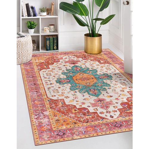 Moynesa Ultra-Thin Washable Vintage Area Rug - 5x7 Large Bedroom Boho Non-Slip Non-Shedding Living Room Mat Oriental Medallion Floor Carpet for Kids Nursery Room Office, Pink/Teal/Multi