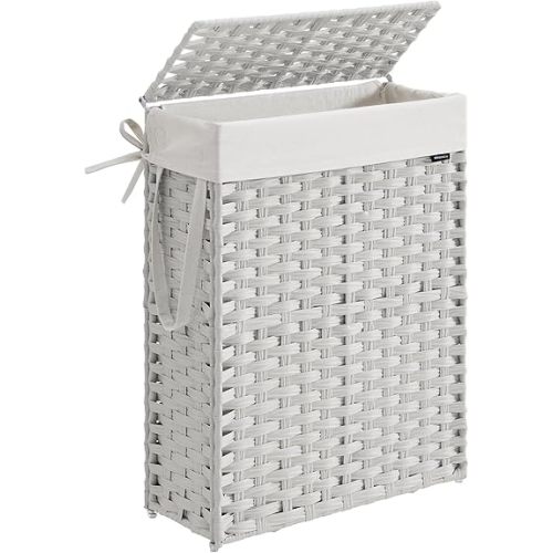 SONGMICS Slim Laundry Hamper with Lid, 14.5 Gallon (55L) Rattan Clothes Laundry Basket with Lid and Handles, Foldable, Removable Liner, Cloud White ULCB164W01