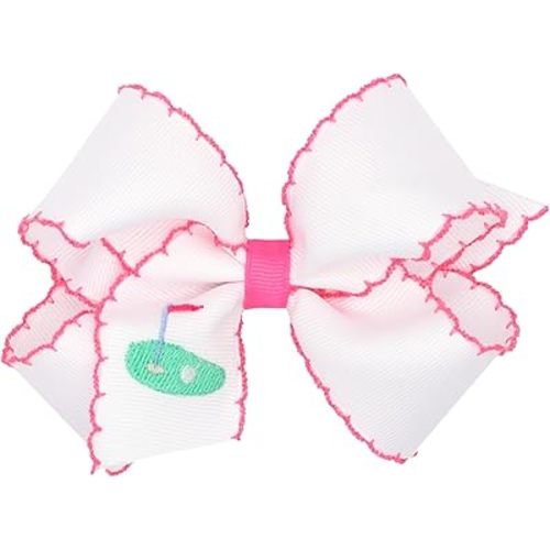 Wee Ones Girls' Grosgrain Country Club Embroidery Hair Bow with Moonstitch Edge on a WeeStay Hair Clip, Handmade, Medium, Golf Green