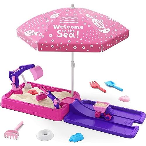 Sandbox with Lid, Dirt Digger Excavator Sand Box with Cover, Kids Sand Pit with Construction Toys/Umbrella/Beach Toys for Toddler 3-5, Sensory Kit Summer Gifts for Indoor Outdoor Backyard, Purple