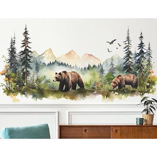 Large Jungle Animals Forest Tree Wall Decal - Peel and Stick Woodland Bear Fox Deer Stickers - Giant Mountain Art for Bedroom Nursery Room FX-C432, 01-Two Bears