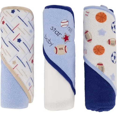 Cudlie Buttons & Stitches Baby Boy 3 Pack Rolled/Carded Hooded Towels in All Star Baby Print (GS71720),3 Count (Pack of 1)