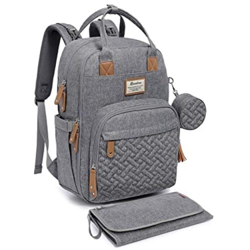 Diaper Bag Backpack, RUVALINO Neutral All-in-One Baby Bags for Boy Girl, Multifunction Large Travel Backpack with Portable Changing Pad, Stroller Straps, Pacifier Case and Insulated Pockets, Gray - Light Gray