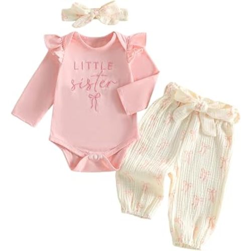 Kaipiclos Newborn Baby Girl Clothes Little Sister Outfit Long Sleeves Romper Pants Baby Clothes for Girls 0 3 6 12 18 Months