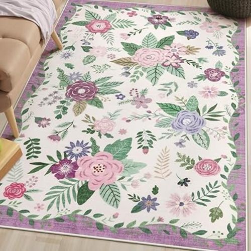 Lahome Purple Floral Washable Rugs 5x7 for Bedroom Aesthetic,Boho Rugs for Living Room Nursery Non Slip, Flower Large Thin Carpet for Girls Classroom Playroom Dining Room