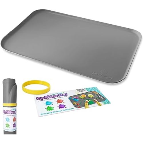 Just Messin' Silicone Art Mat for Crafts, Legos, Slime, Resin, Paint & Jewelry-Making, Table Protection w Raised Sides to Contain Mess, Non-Slip Heat Resistant, 16”x26” Mat with high .6" Edge, Gray