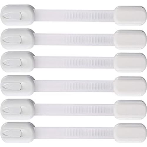 6 Pack Vmaisi Multi-Use Adhesive Straps Locks - Childproofing Baby Proofing Cabinet Latches for Drawers, Fridge, Dishwasher, Toilet Seat, Cupboard, Oven,Trash Can, No Drilling (White) (6)