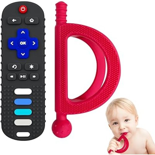 2 Pack Baby Teething Toys, Food Grade Silicone Teethers for Babies 18+ Months, TV Remote Shape Teething Toy and A New Type Grip Teether, Chew Toys for Boys and Girls, Freezer BPA Free