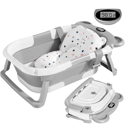 TPN Collapsible Baby Bathtub for Infants to Toddler with Real-time Temp Monitor+Floating Cushion,Foldable Baby Bath Tub Set Applicable 0-36 Month,Perfect Portable Travel Baby Tub for Newborns Boy