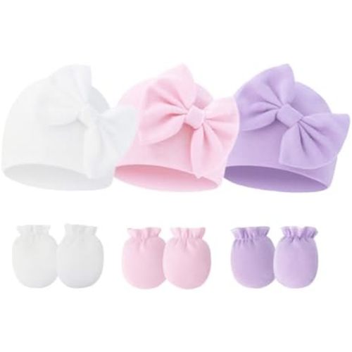 Newborn Baby Hats Mittens Sets Bow Infant Caps Gloves No Scratch Mitten Beanie Set for 0-6 Months Girls