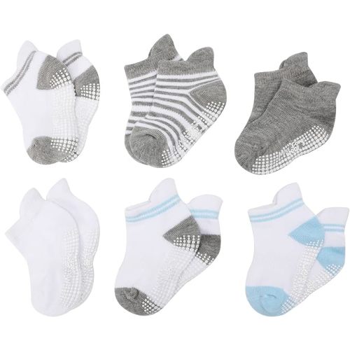 Baby Socks With Non Slip Grips Toddler Socks Infant Socks For 0-6,6-12,12-36 months Baby Boy Girl by Miss Fong Wear - 6-12 Months - Blue/White-6 Pairs