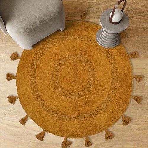 TOPSMCHER Round Bath Rug 100% Cotton Boho Bath Rug, Floor Mats with Hand-Tied Tassels, 27.5"×27.5" Mustard Bath Mat, Non-Slip Washable Shower Mat, Decorative Floor Rug for Home, Dormitories