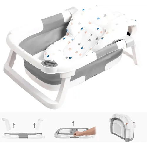 Collapsible Baby Bathtub,Baby Bath Tub with Soft Cushion & Thermometer,Baby Bathtub Newborn to Toddler 0-36 Months,Portable Travel Baby Tub (Gray)