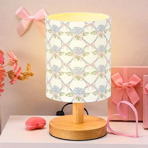 VIHOSE Blue Hydrangea Kids Table Lamp for Bedroom Kids Bedside Lamp with Linen Wooden Nightstand Cartoon Nursery Lampshade for Girls Boys Living Room