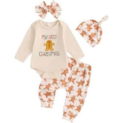 Karuedoo 1st Christmas Baby Girl Outfit Newborn Gingerbread/Santa Letter Embroidery Romper Pants Headband Hat 4Pcs Set