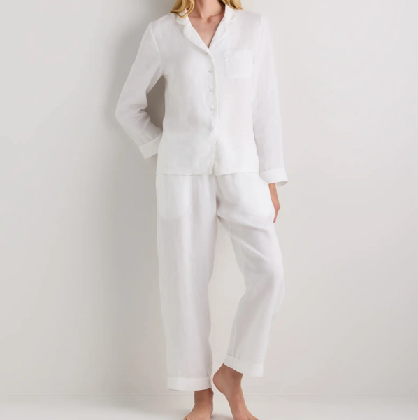 100% European Linen Long Sleeve Pajama Set with Piping in Flax