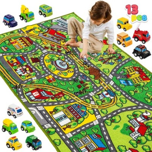 Joyfy Kids Car Play Rug for Playroom, Community - Themed Pretend Play Mat with 12 Pull-Back Vehicle Set, Indoor Fun And Birthday Gift for Kids 1 2 3 +