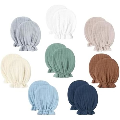 8 Pairs Newborn Baby Muslin Cotton Mittens 0-6 Months No Scratch Elastic Wrist Soft Breathable Gloves