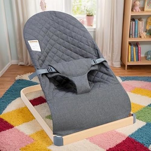 Baby Bouncer - Portable Bouncer Seat for Babies, Ergonomic Design Baby Bouncy Seats Infant with Wood Grain Base Natural Vibrations, Grey