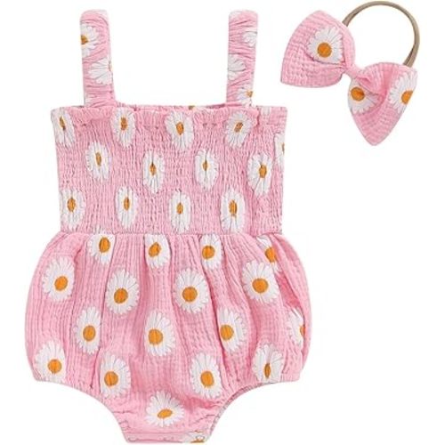 Hoanselay Baby Girl Summer Clothes Daisy Sleeveless Smocked Bubble Romper Cotton Linen Bodysuit Jumpsuit Newborn Girl Outfit