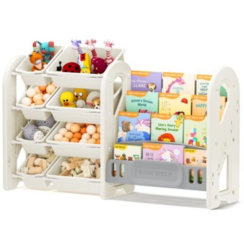 SUGIFT Kids Toy Organizer and Bookshelf, 2-in-1 Storage Shelf with 9 Bins & 4 Book Slots, BPA-Free Plastic for Nursery & Playroom