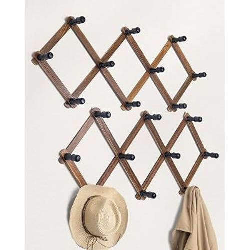 Wooden Expandable Accordion Wall Hanger,2 Pack Including 20 Peg Hooks,Perfectly Hook for Baseball Caps, Coats, Mugs,Coffee, Coat,Keys, Hat Rack,X Shap,Make Living Room Decorative and Neat,Rustic Style