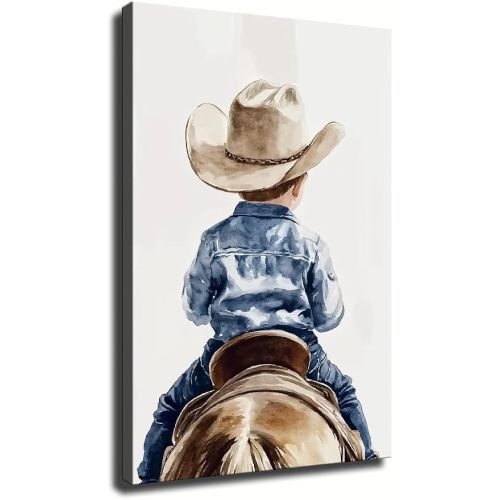 Baby Boy Cowboy Horse Canvas Wall Art Framed Western Nursery Wall Decor Rustic Farm Theme Canvas Print for Boys Bedroom Playroom Decoration (Framed,12x18 inch)