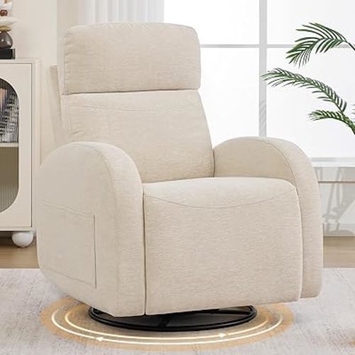 Dual Motors Power Recliner with Adjustable Headrest, Electric Swivel Rocker Recliner for Nursery, Glider Reclining Rocking Nursery Chairs for Small Space, Living Room, Bedroom, Chenille Camel