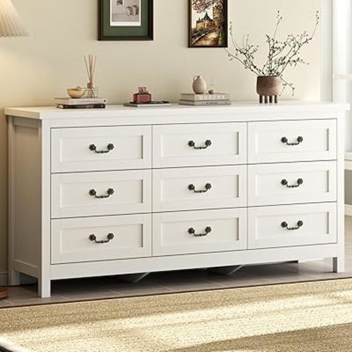 Loomie 9-Drawer Dresser for Bedroom, 63" Wide Dresser TV Stand for TVs up to 75", Farmhouse Storage Long Wooden Dressers Organizer, Large Chest of Drawers with Vintage Pull for Bedroom, Closet, White