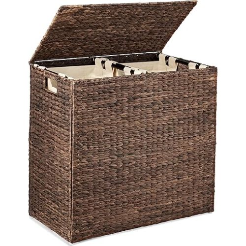 Best Choice Products Large Double Laundry Hamper with Lid, Natural Handwoven Water Hyacinth, 2 Sections w/ 2 Machine Washable Linen Liner Bags, Portable, Handles - Espresso