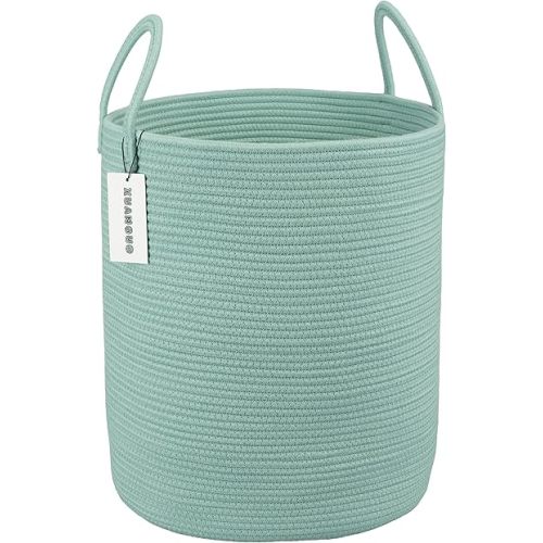 Cotton Rope Laundry Basket Hamper for Clothes Woven Storage Basket for Living Room Bedroom Boho Tall Rope Baskets for Blanket Toys Pillow Towels Baby Nursery Hamper Bin Large light green